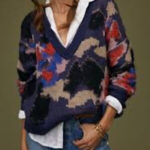 Anthropologie Navy and Red V-Neck Sweater